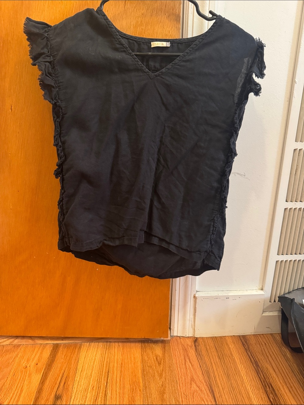 Matta Size S Women’s Black V-Neck Fringed Sleeve Top